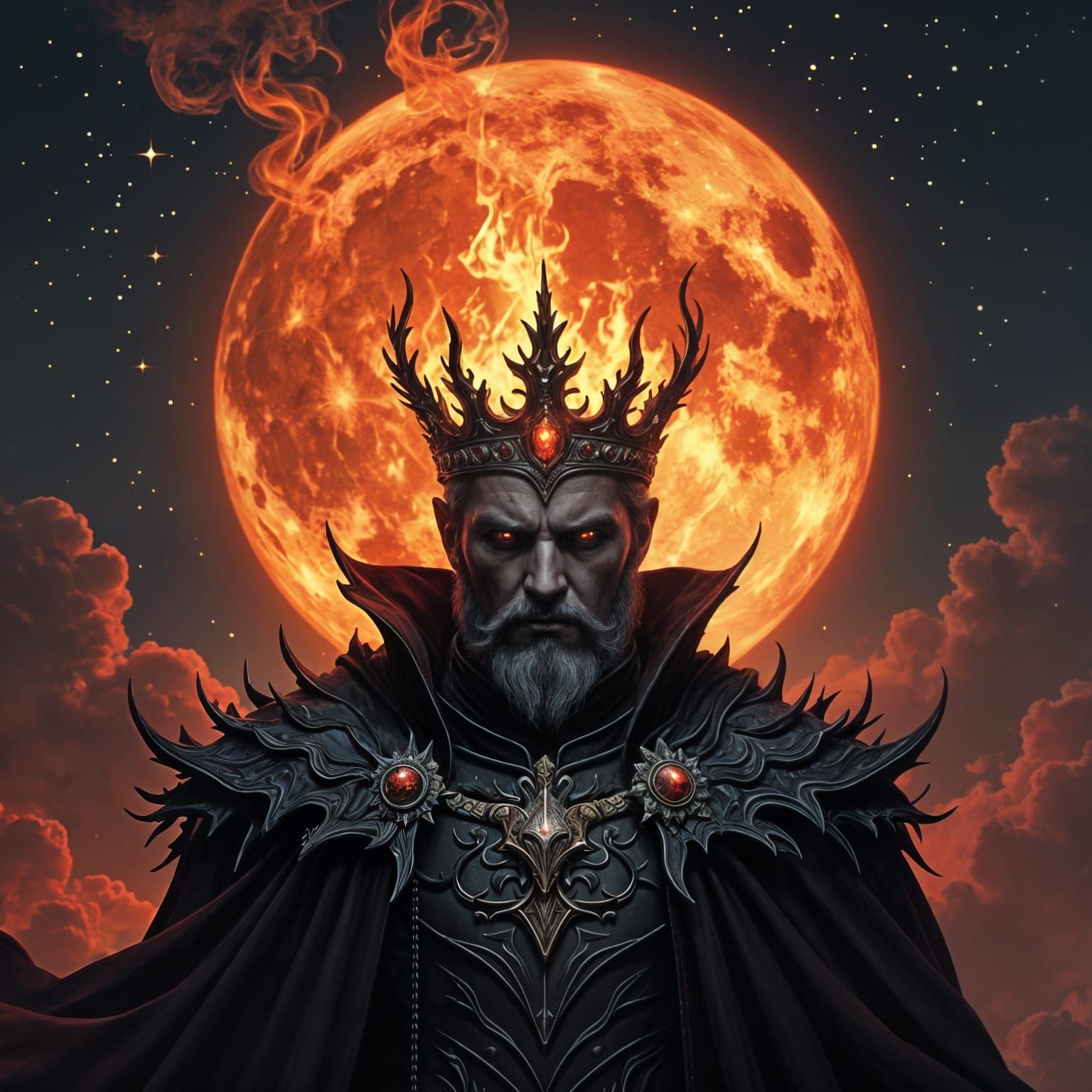 Dark King with Fiery Crown Under Red Moon