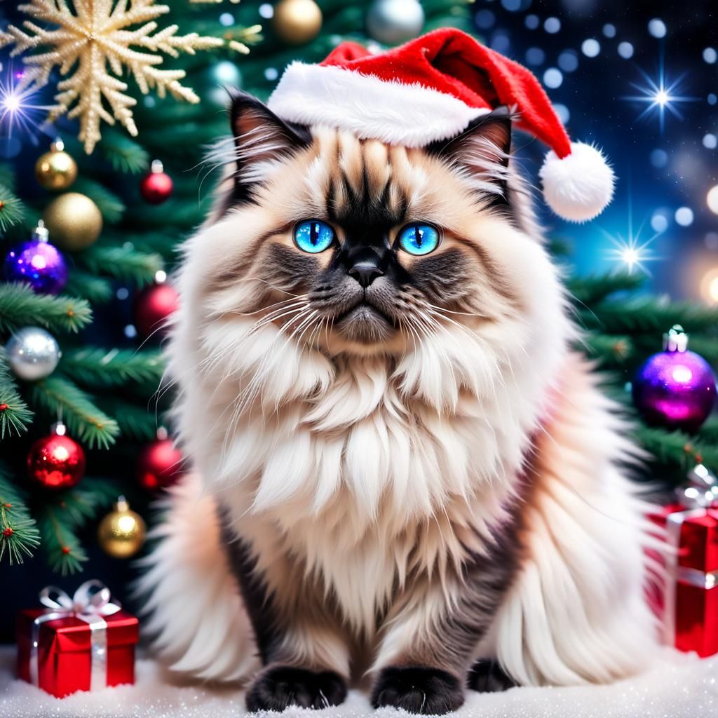 Fluffy Himalayan Cat with Christmas Tree