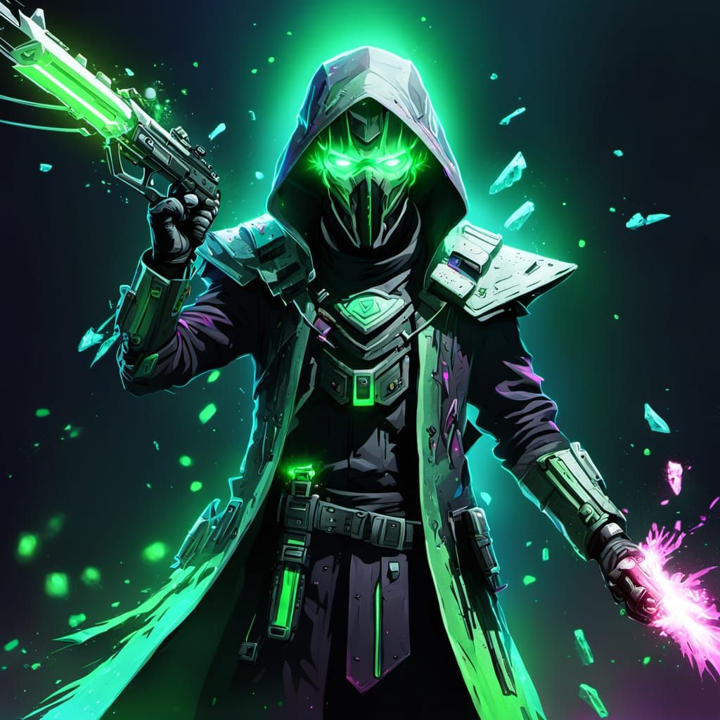 Sci-Fi Warlock with Neon Gun in Icy Landscape