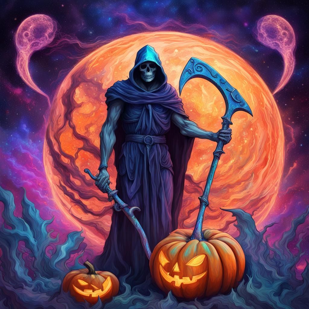 Cosmic Grim Reaper with Scythe and Pumpkin