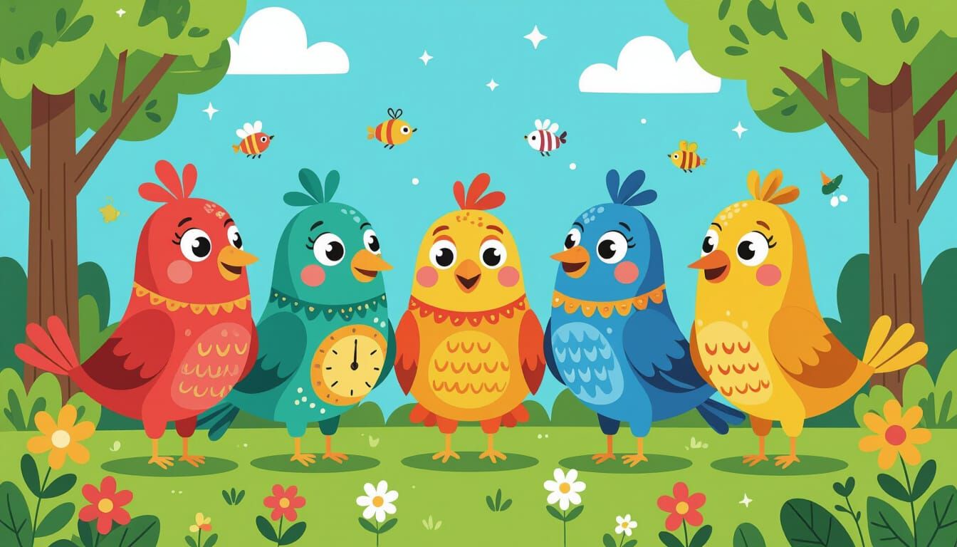 Playful Illustration of Seven Stylized Colorful Birds