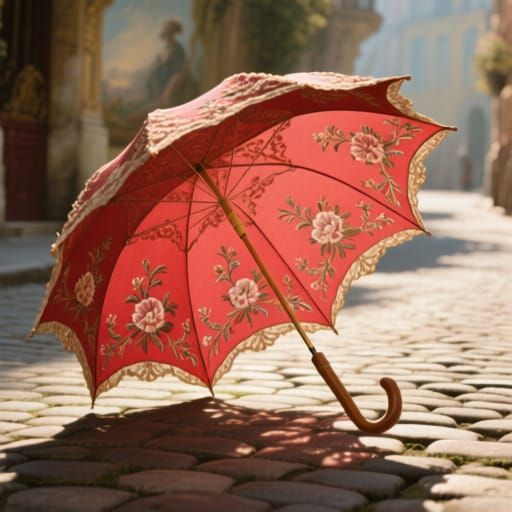 Rococo Parasol on Cobblestone Street