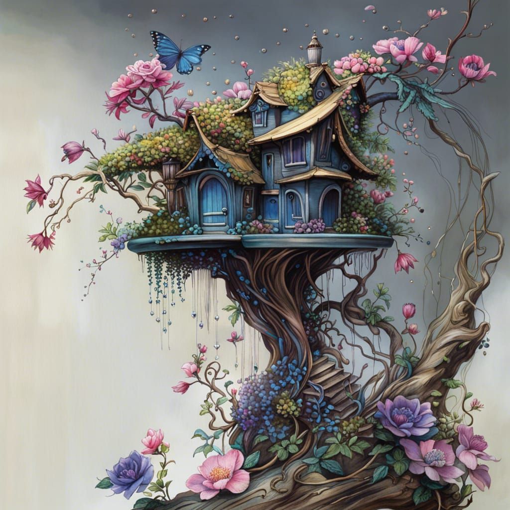 Victorian Fairy House Bonsai: Hyperrealistic Floral Masterpi...