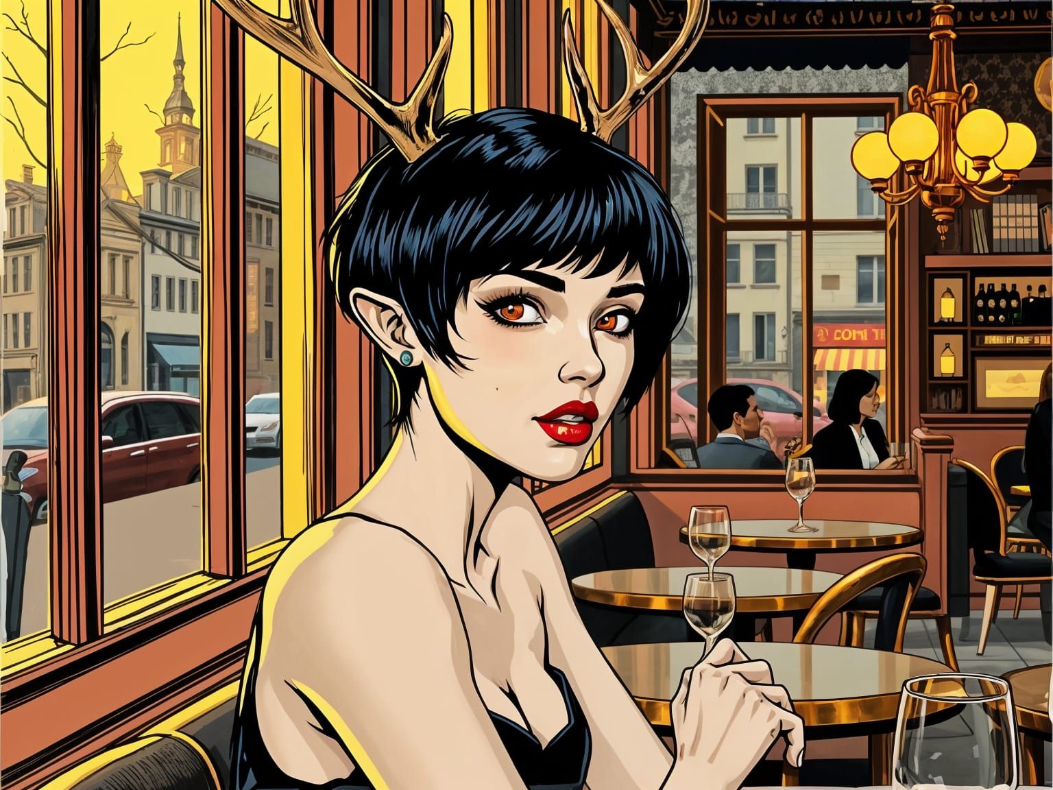 Surreal Café Scene in Vibrant Colors and Chiaroscuro Style