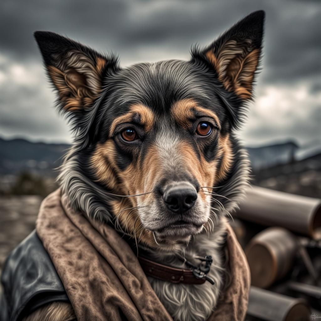Hyperrealistic Hobo Dog in Cinematic Style