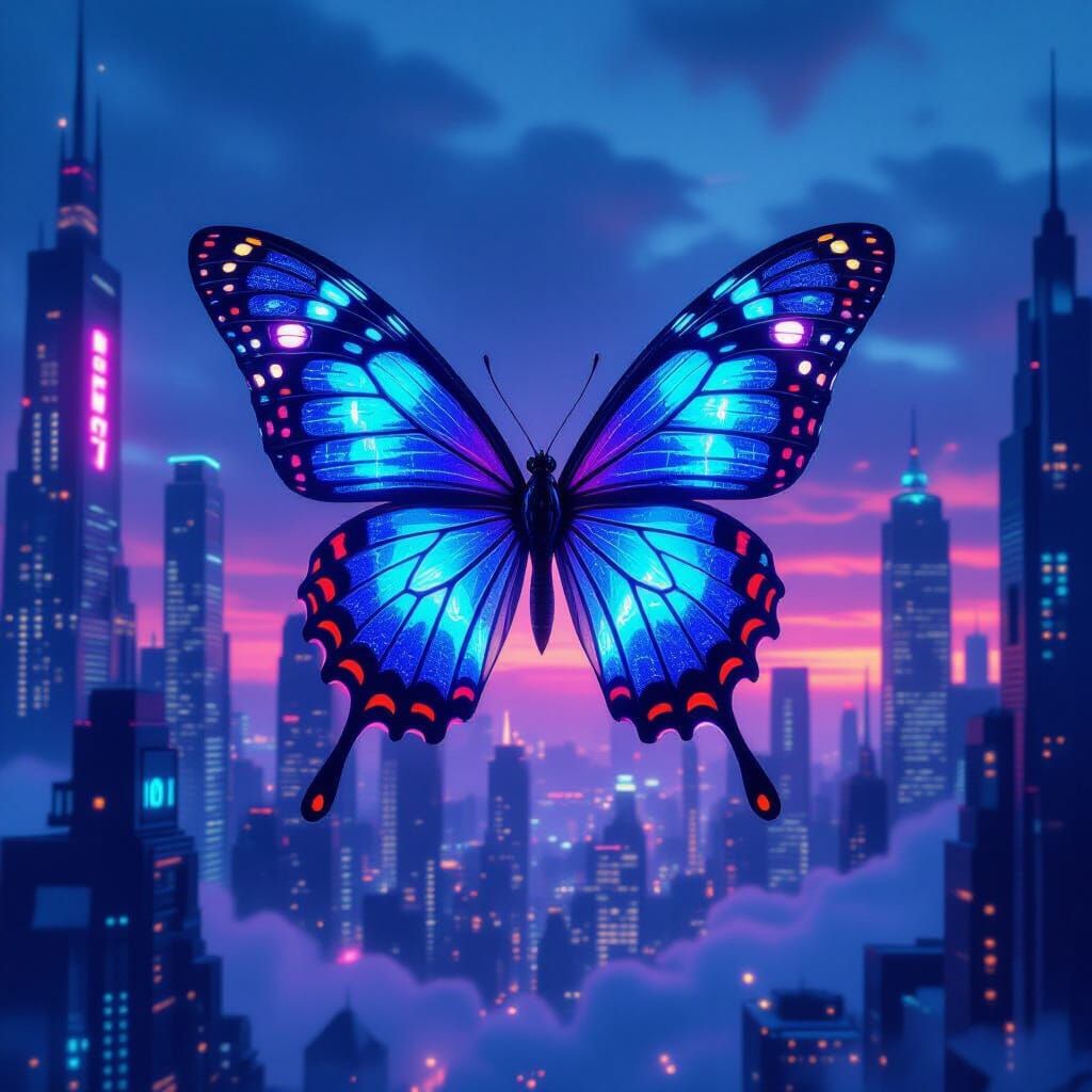 Colossal Bioluminescent Butterfly in Neon Cityscape