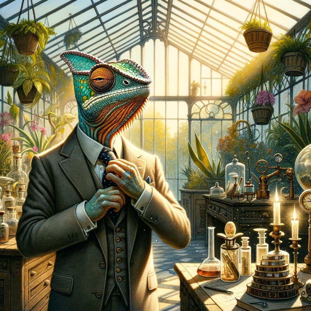 Chameleon Gentleman Adjusts Tie in Watercolor Style