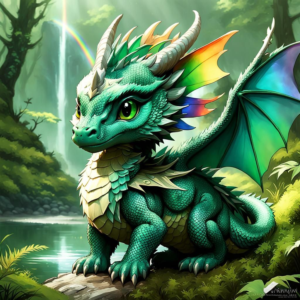 Cute Chibi Dragon in Forest, Digital Art