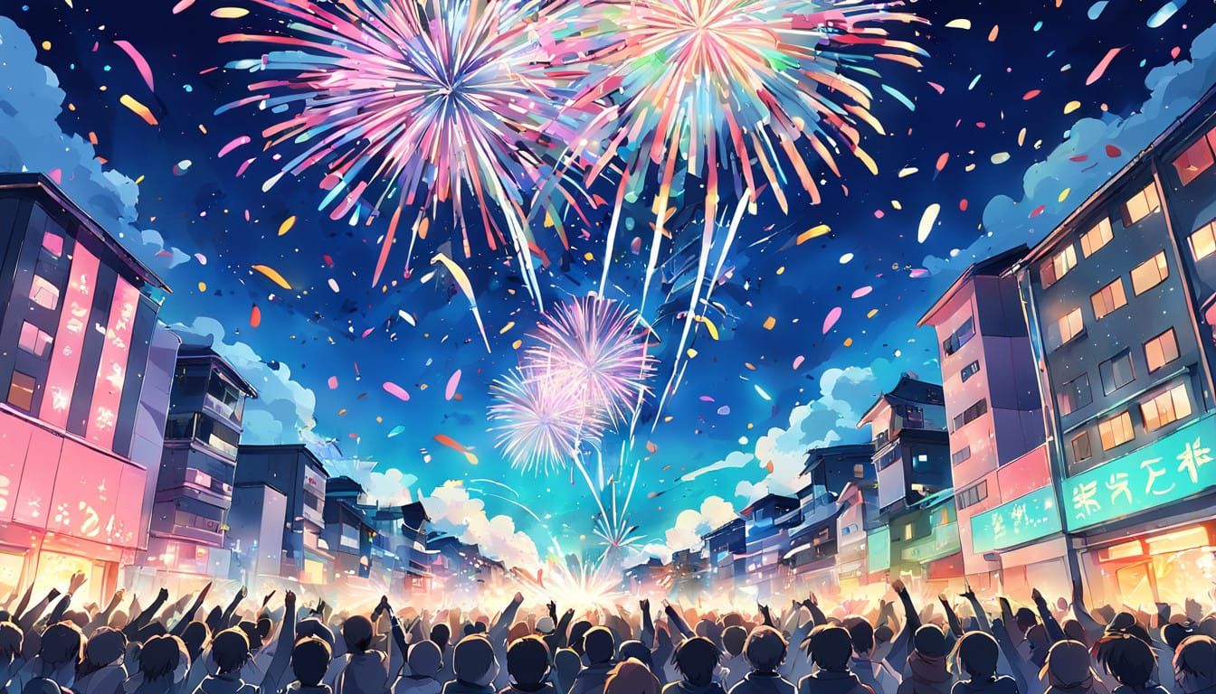 Vibrant New Year's Eve Anime Celebration in Colorful Explodi...