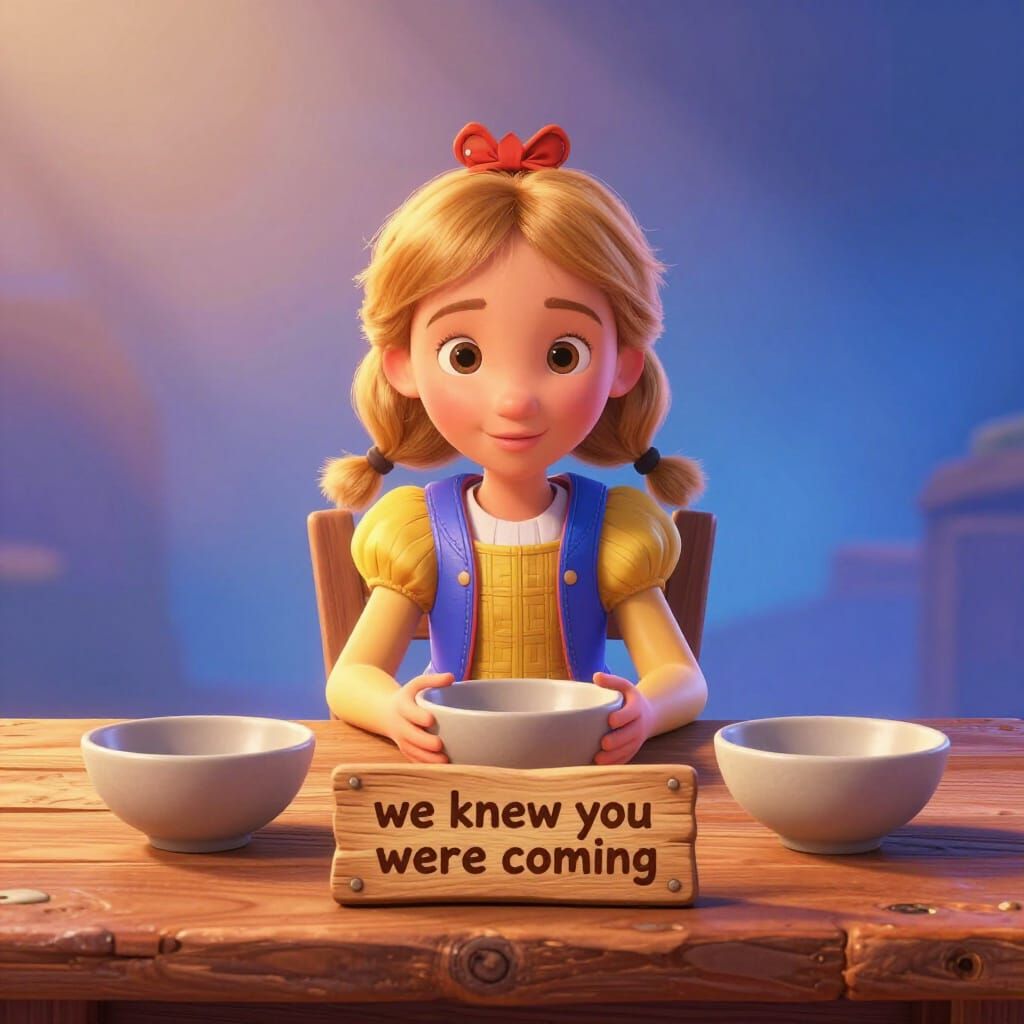 Goldilocks Finds Empty Bowls in Pixar Style