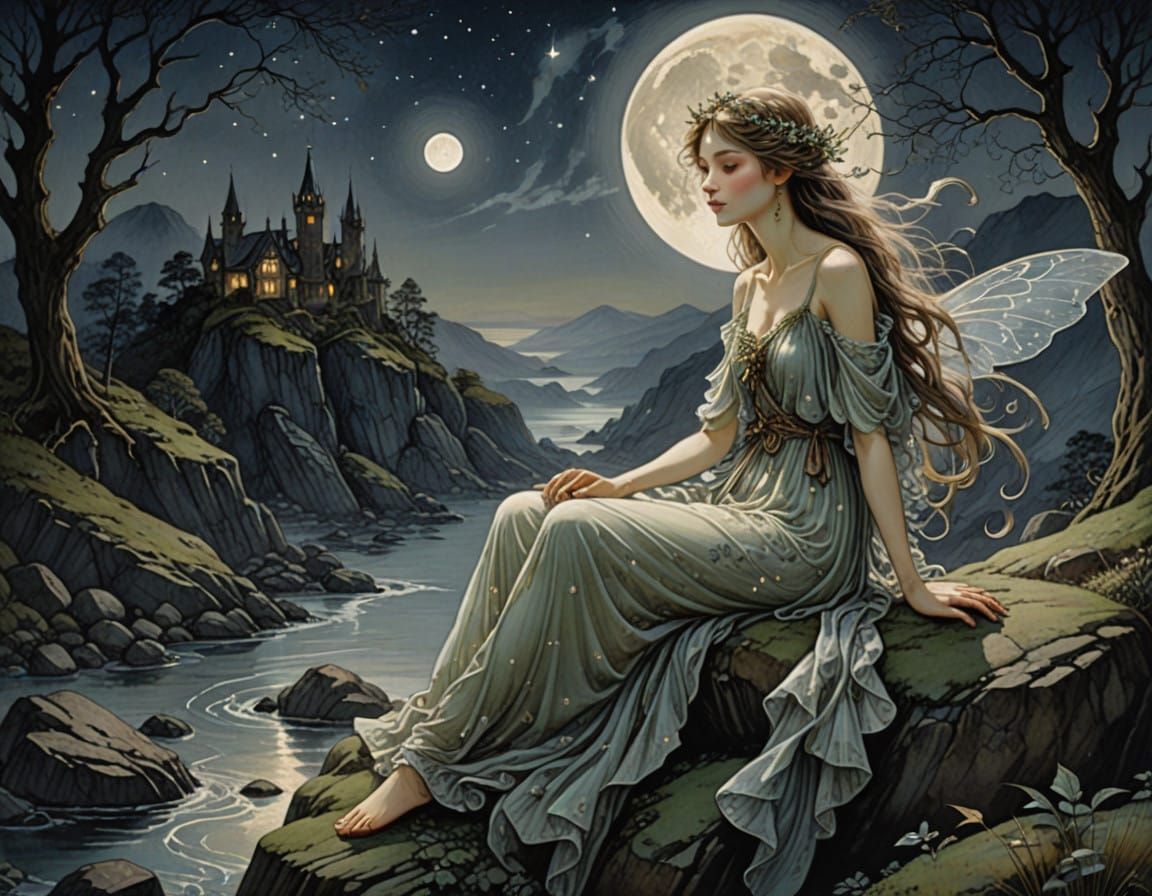 Moonlit Fairy Contemplation in Whimsical Art Style
