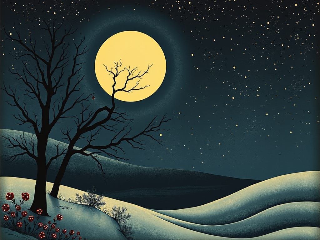 Art Nouveau Moonlit Scene in Gouache Style