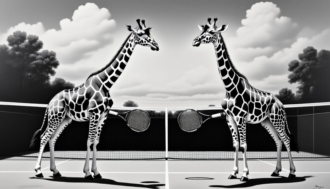Giraffe Tennis Players in Surreal Mixed Media