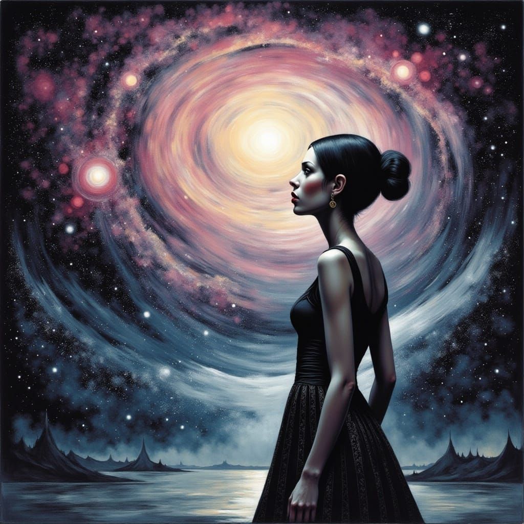 Woman Gazing at Infinite Galaxy in Watercolor Style