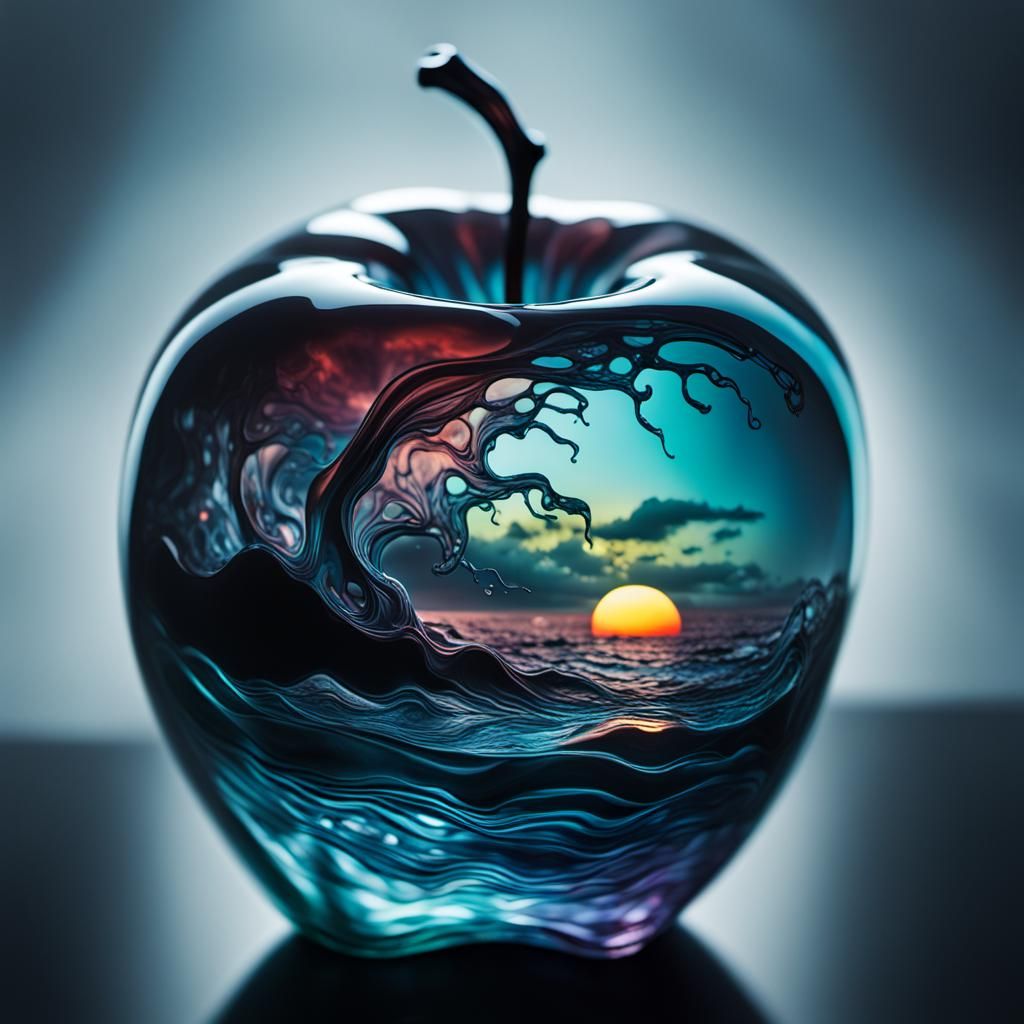 Glass Apple Double Exposure: Stormy Sea Sculpture