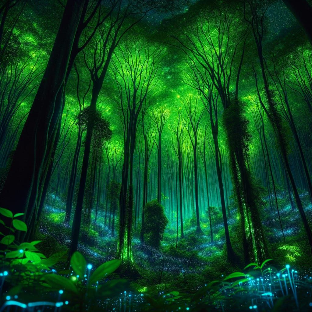 Bioluminescent Forest Canopy at Night