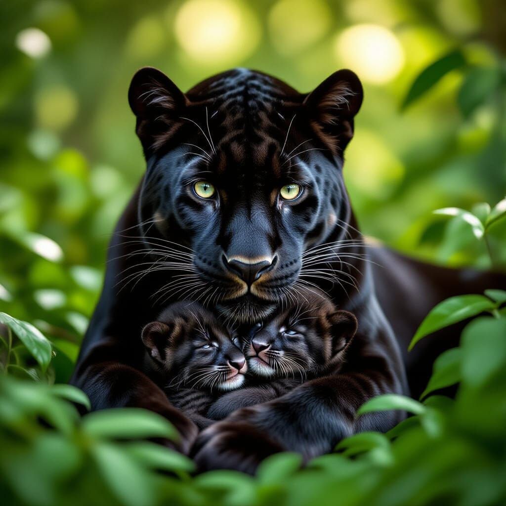 Black Panther Mother Embraces Cubs in Lush Jungle