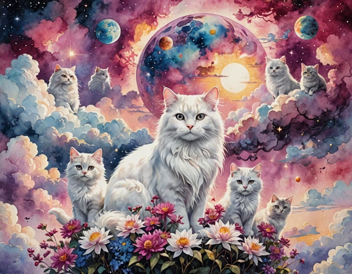 Watercolor Cat Family Above the Clouds