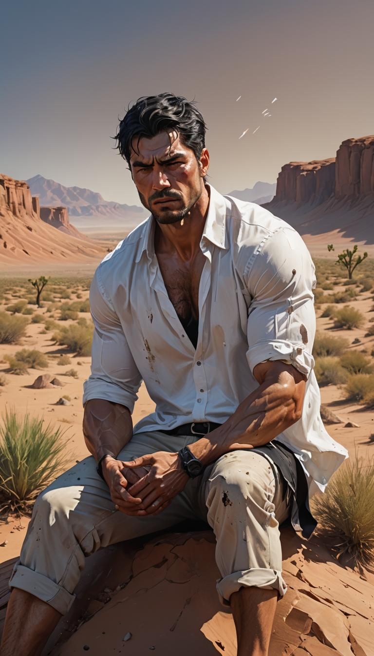 Sad Man in Desert After Slap: Hyperrealistic Art