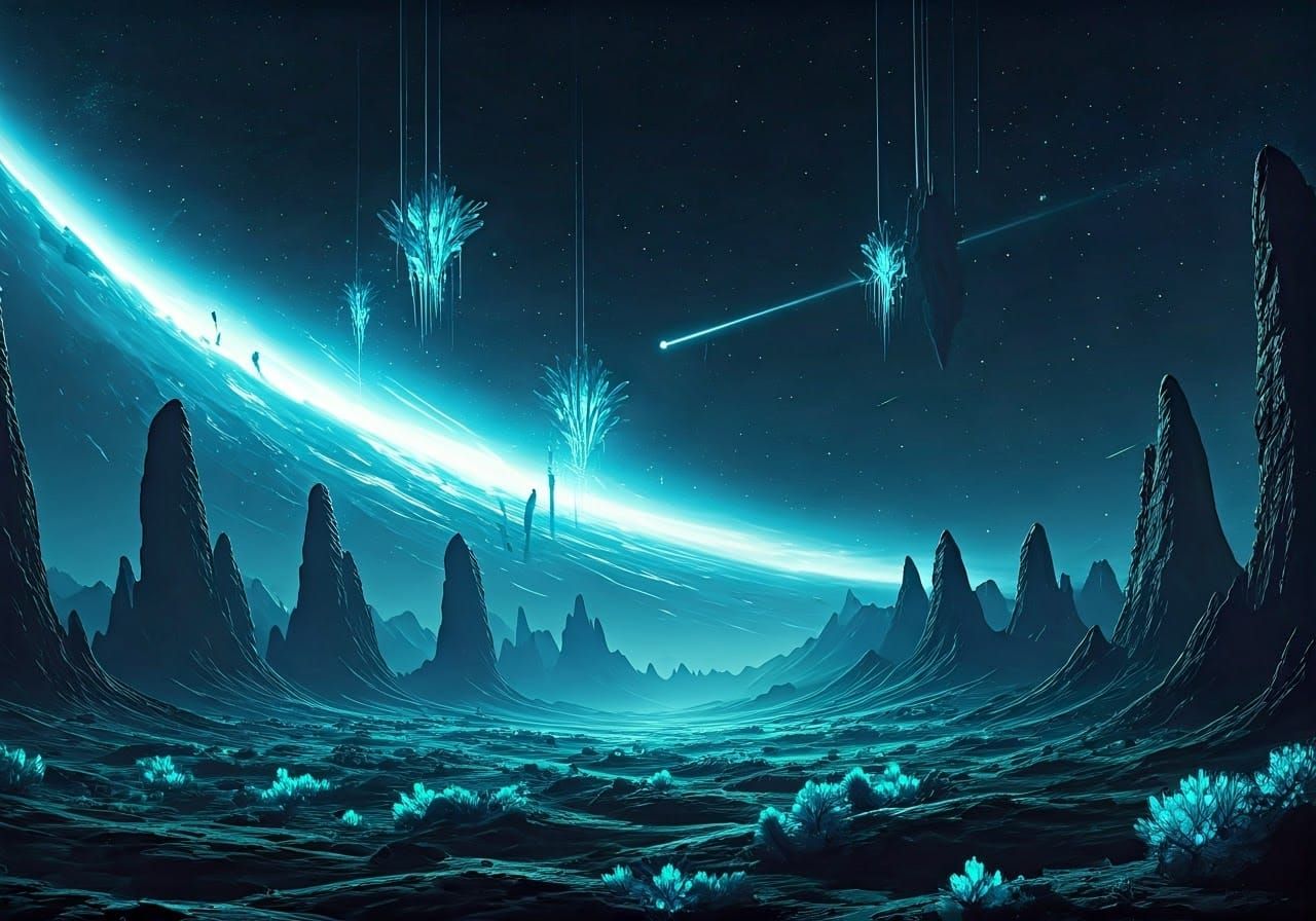 Alien World: Bioluminescent Forests Under Starry Skies