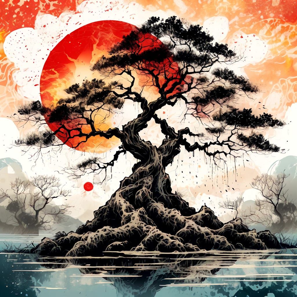 Detailed Ink Painting of an Old Tree in Space