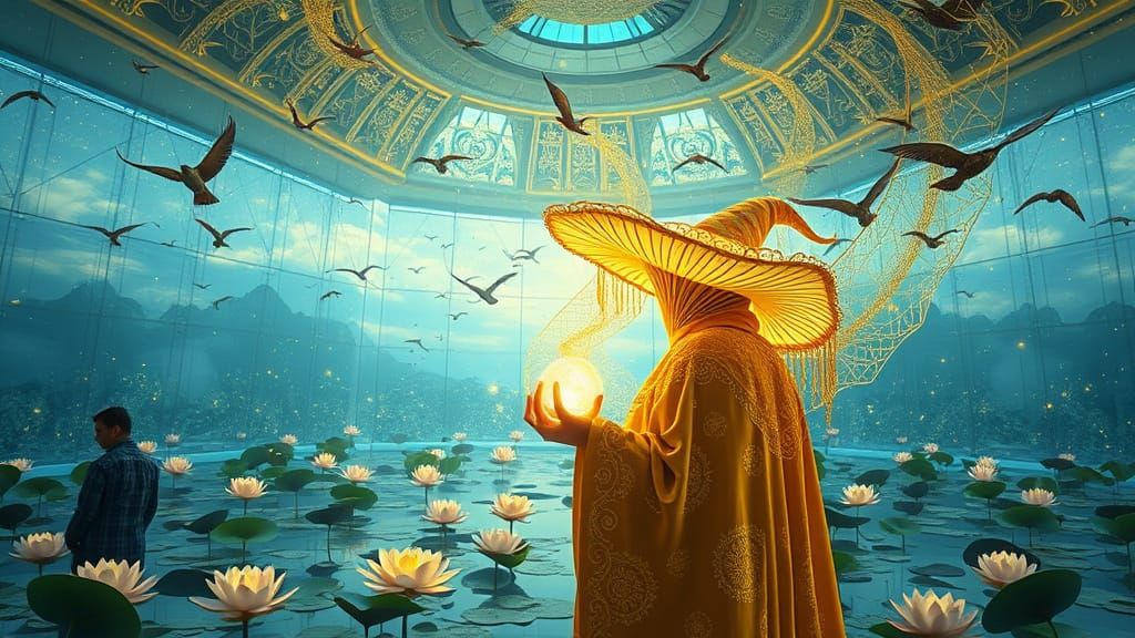 Cosmic Surrealist Sanctuary in Vibrant Yellow and Deep Blues