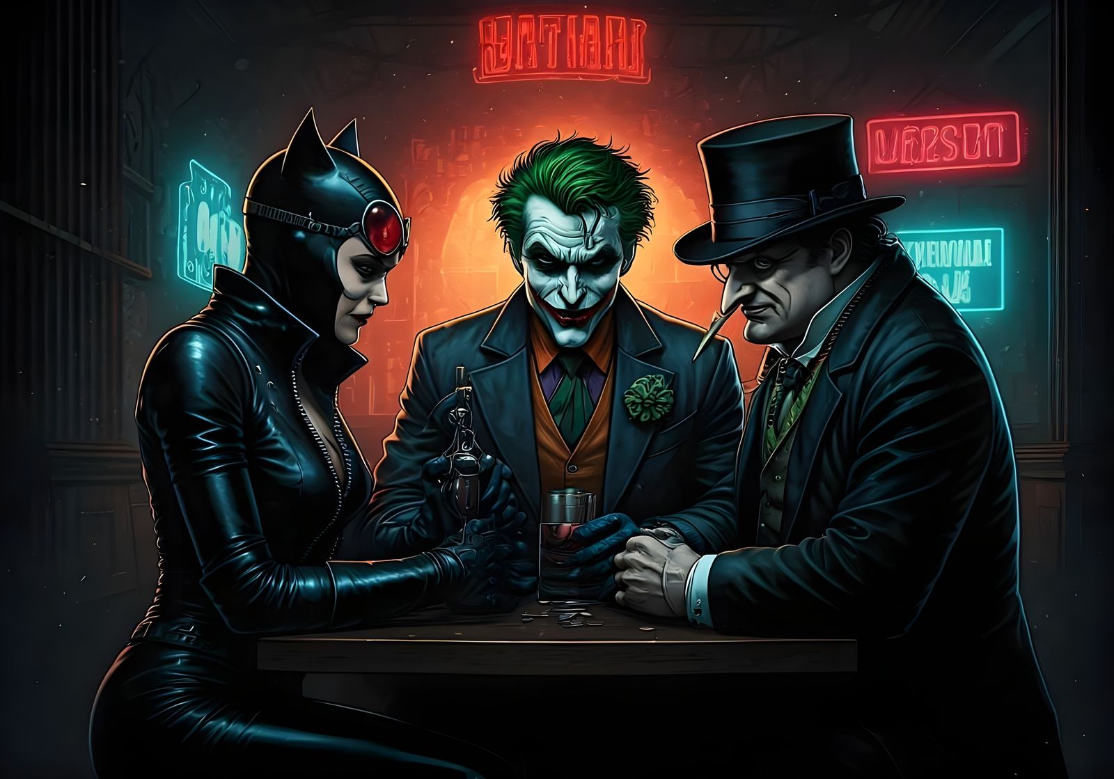 Comic Book Heroes Plotting in a Smoky Bar