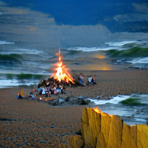 Beach Bonfire at Sunset with Crashing Waves