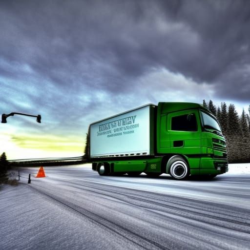 Trucks driving on icy roads under a green sky