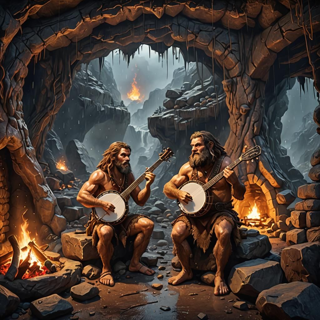 Caveman Plays Banjo in Cave, Fantasy Art
