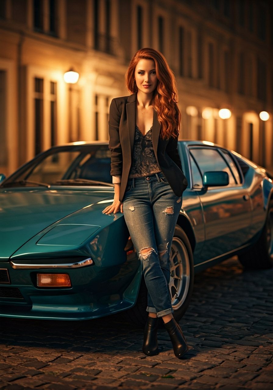 Woman with Auburn Hair and De Tomaso Pantera