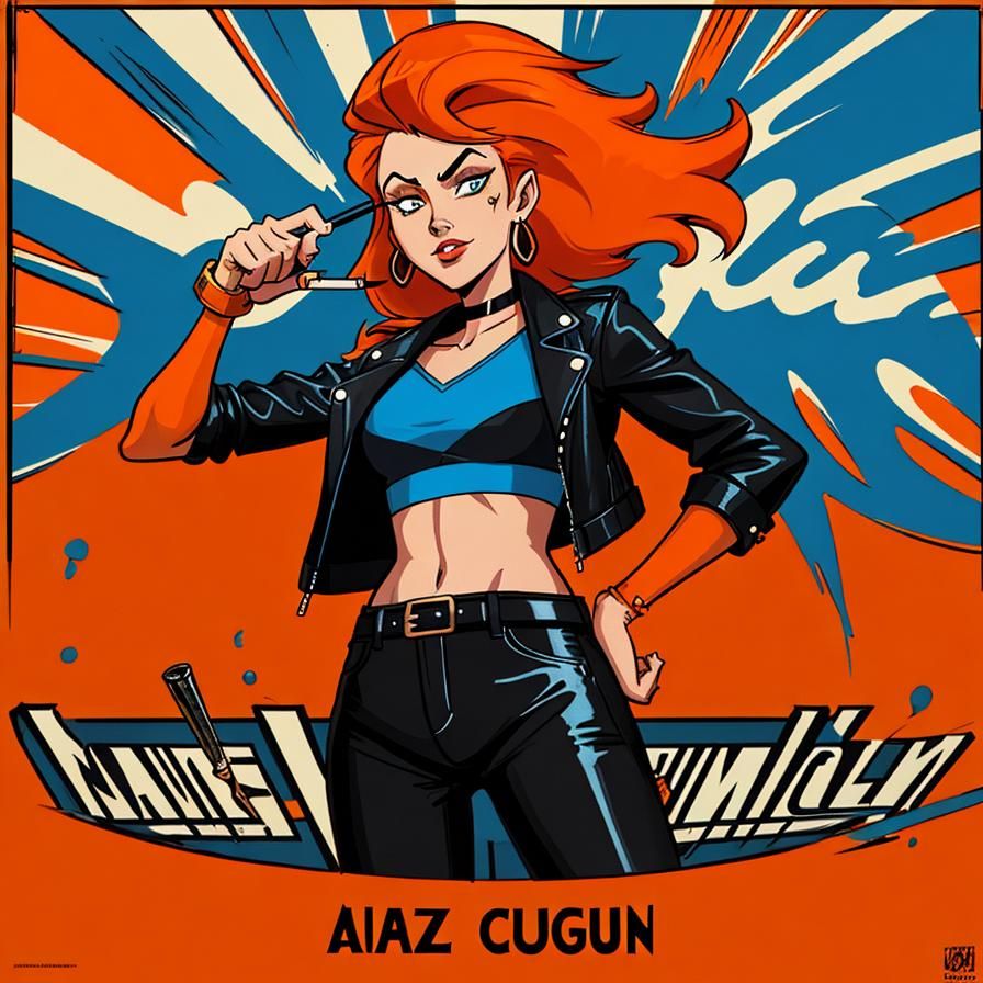 Woman Dancing in Street with Cartoon Poster