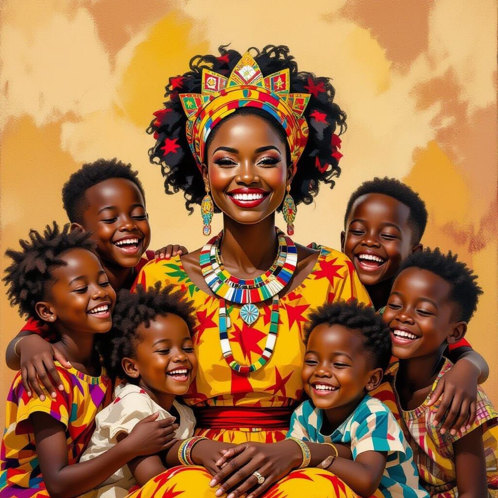 African Queen with Children in Vibrant Portrait