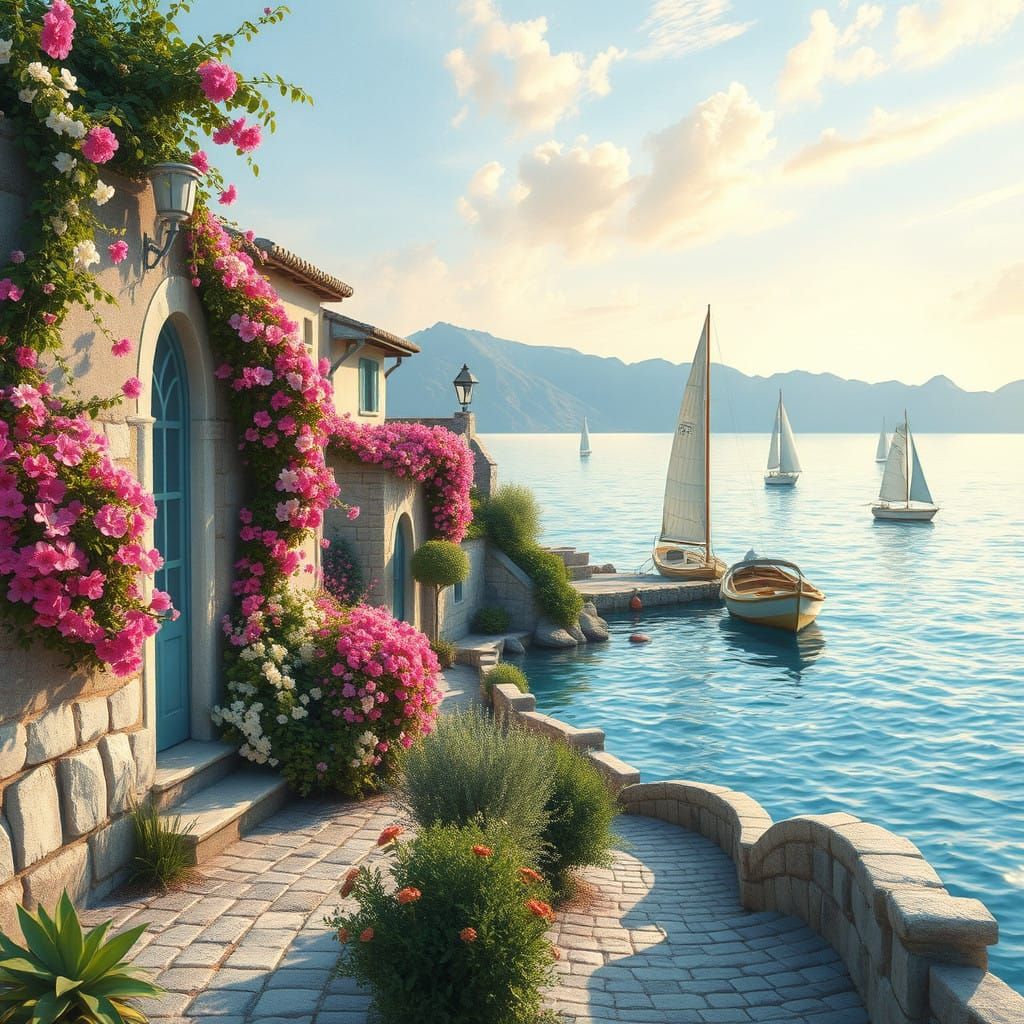 Impressionist Coastal Village in Soft Golden Light