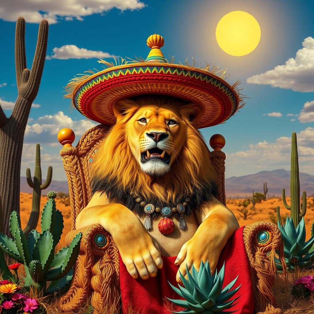 Lion in Sombrero on Woven Throne, Mexican Folk Art