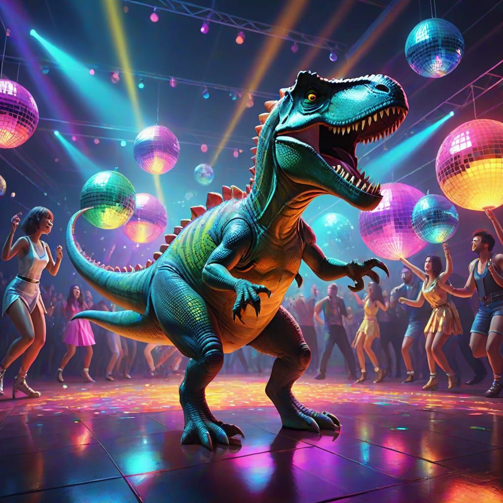 Dinosaur Dancing at a Vibrant Disco Party