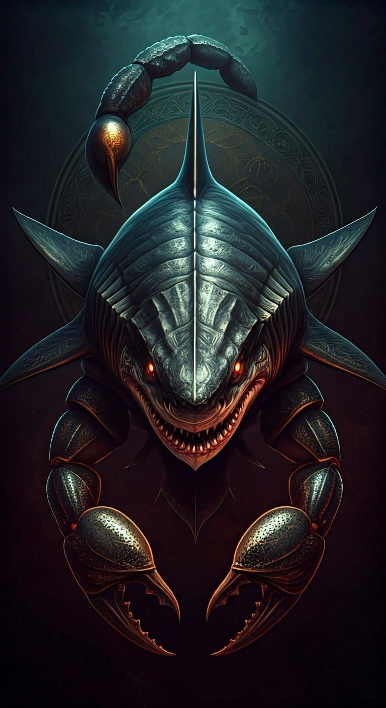 Majestic Scorpio-Shark Hybrid Monster in Art Nouveau Style