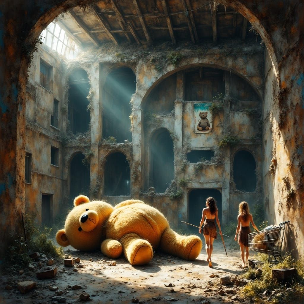 Post-Apocalyptic Warehouse with Teddy Bear in Digital Art