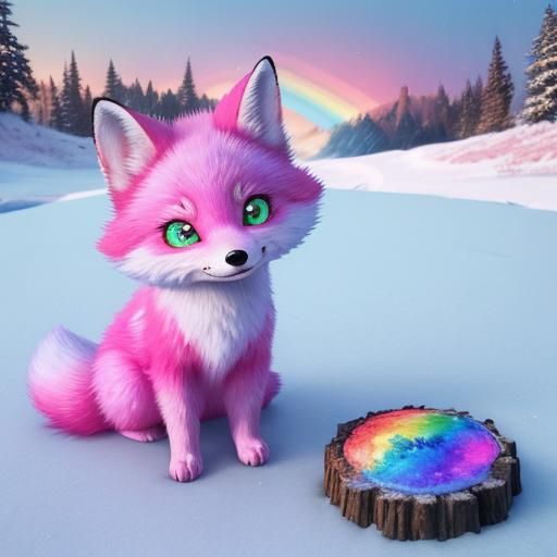 Pink Fox in Snow with Rainbow: Digital Illustration