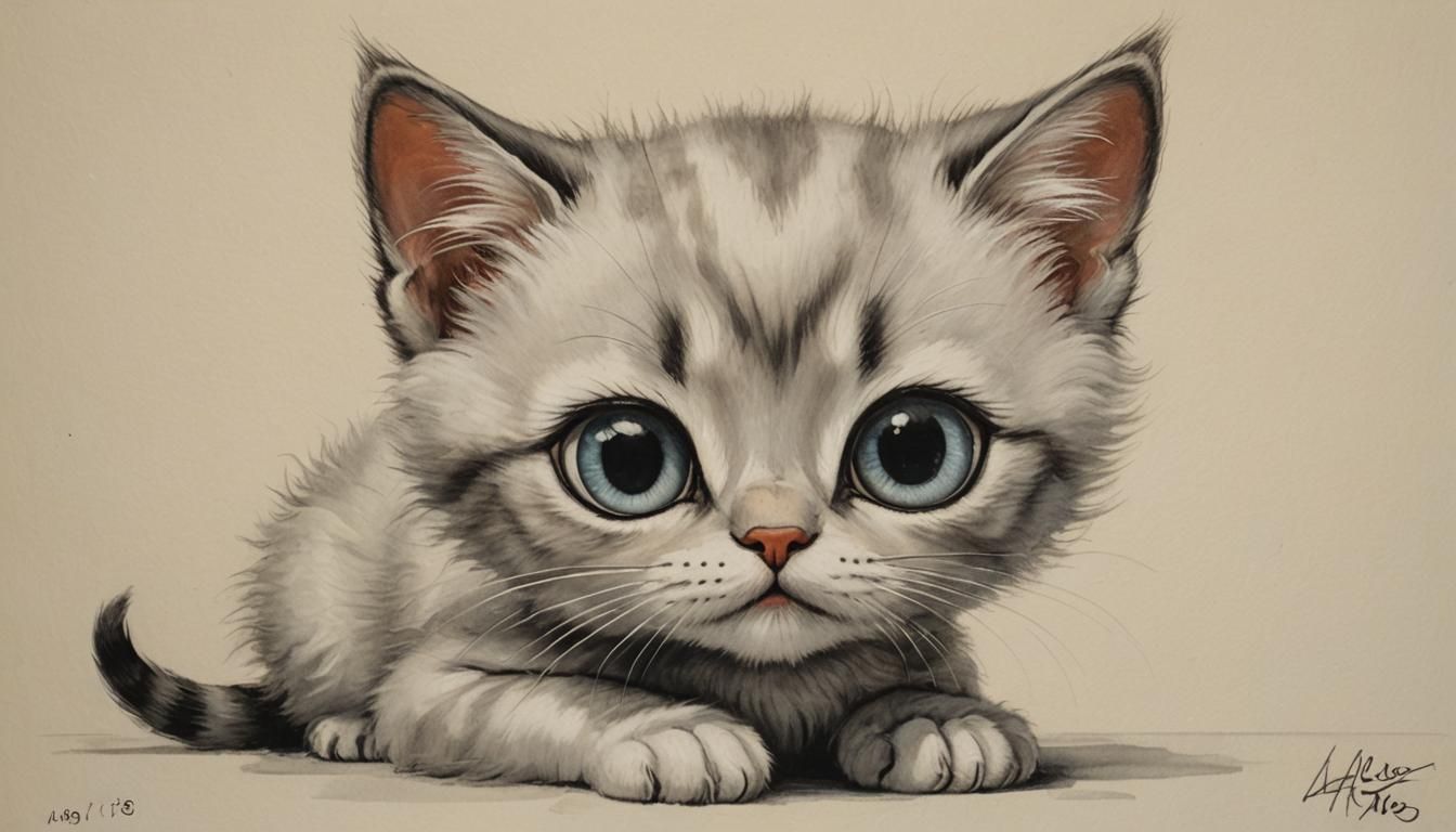 Sad Kitten with Big Eyes in Pixar Style