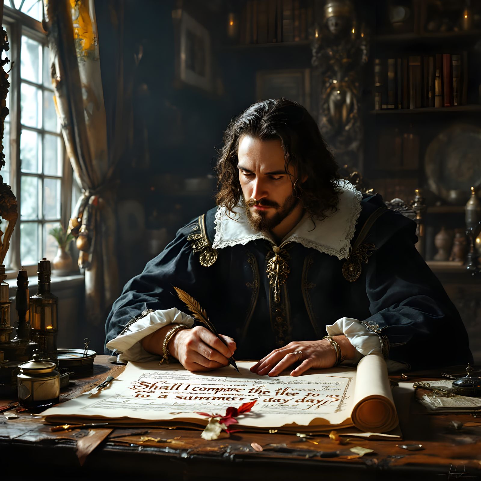 Shakespeare Writing Sonnets with Quill and Ink