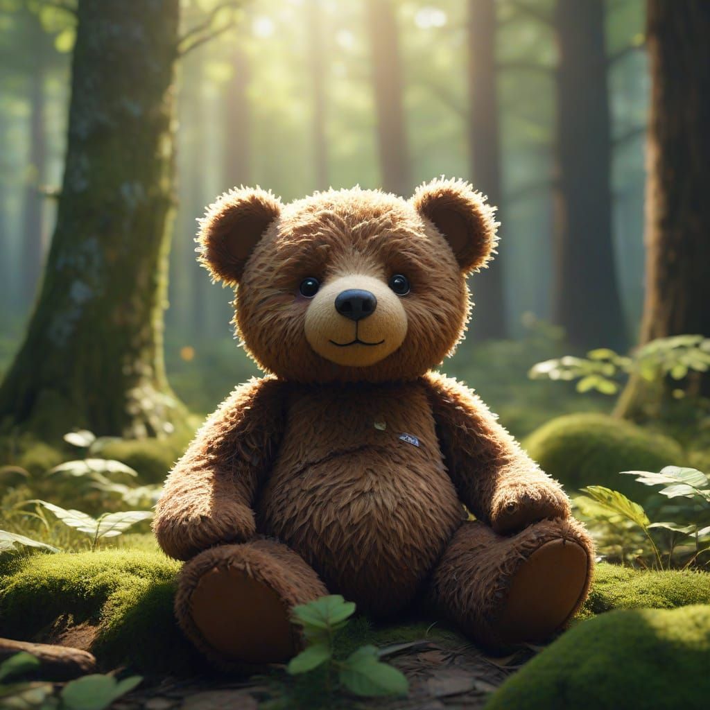 Friendly Teddy Bear in Forest Clearing Oil Painting