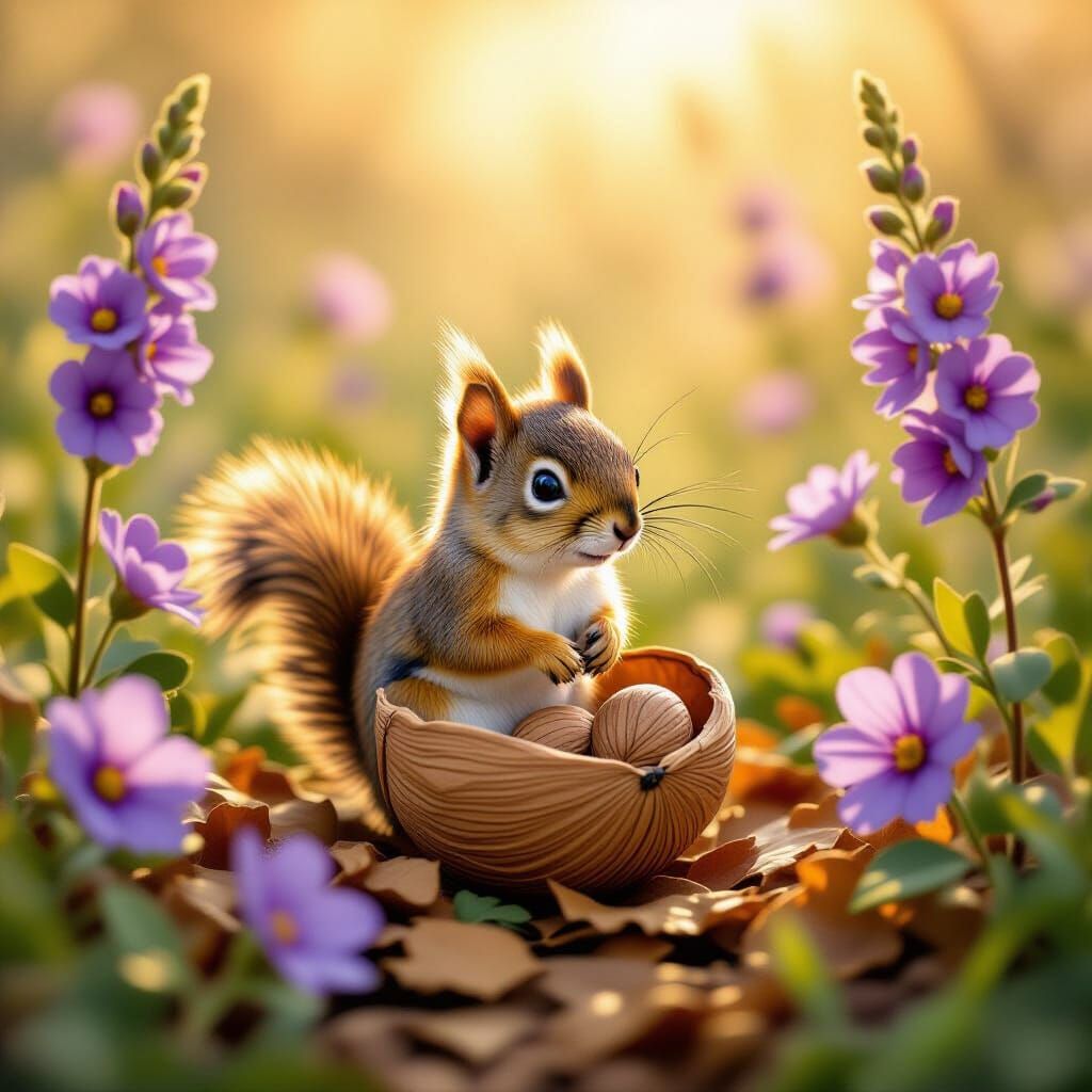 Squirrel Emerges from Walnut in Impressionist Style