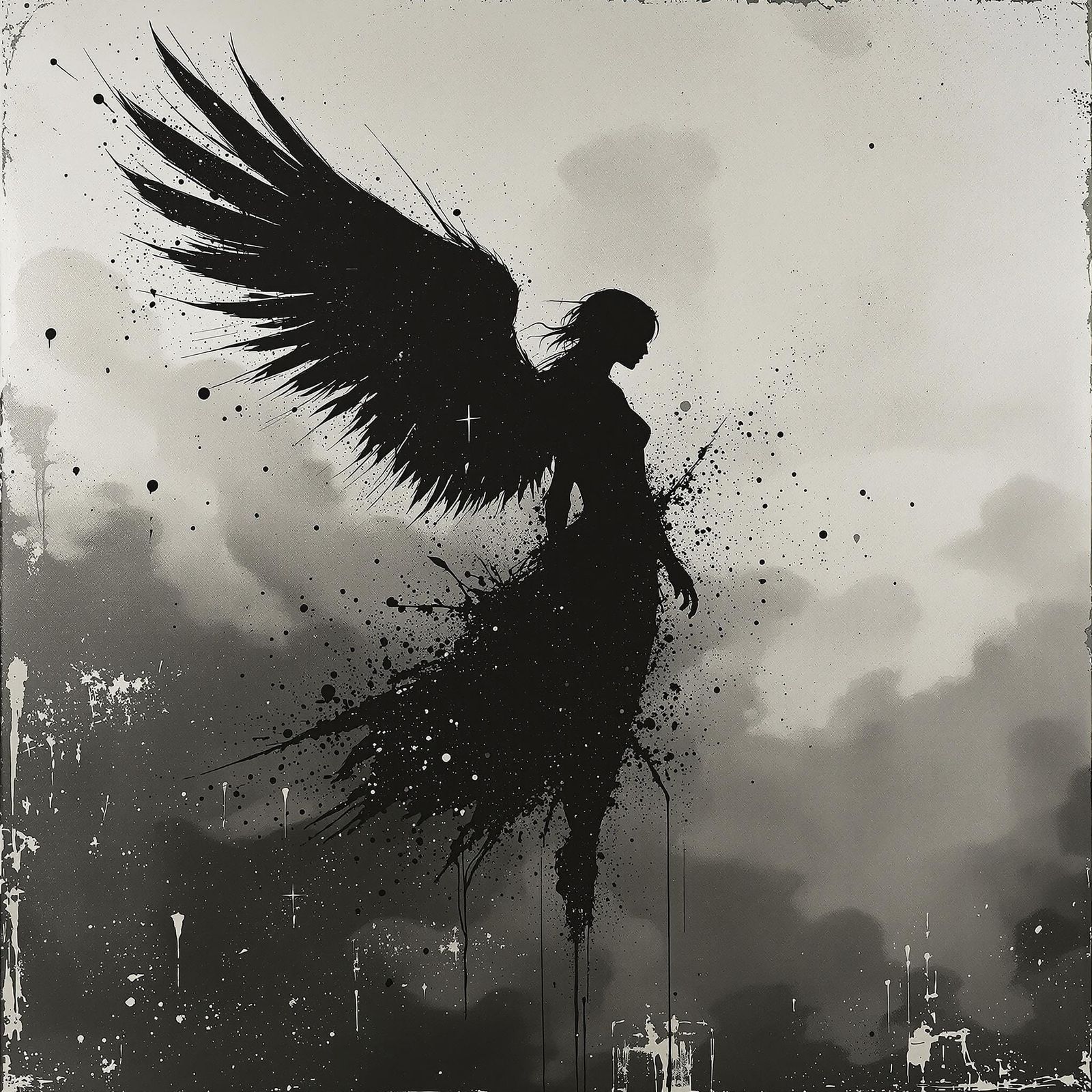 Dark Angel Silhouette Against Stormy Skies