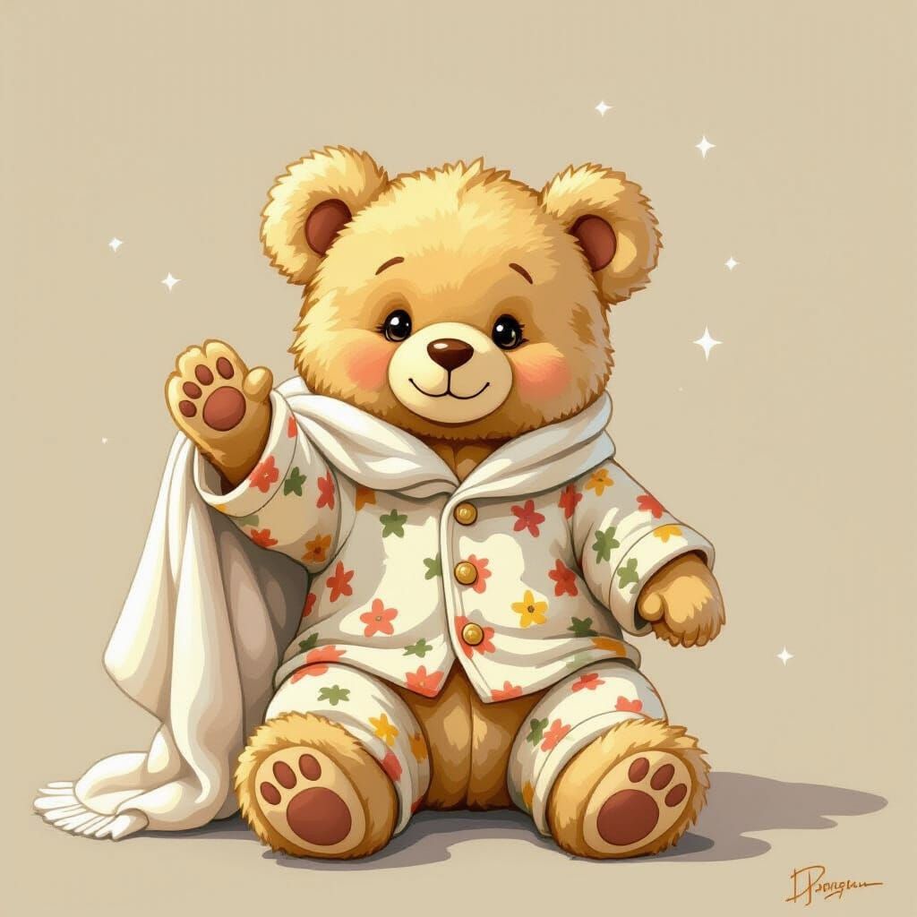 Sleepy Teddy Bear Waving Hello in Children's Book Style