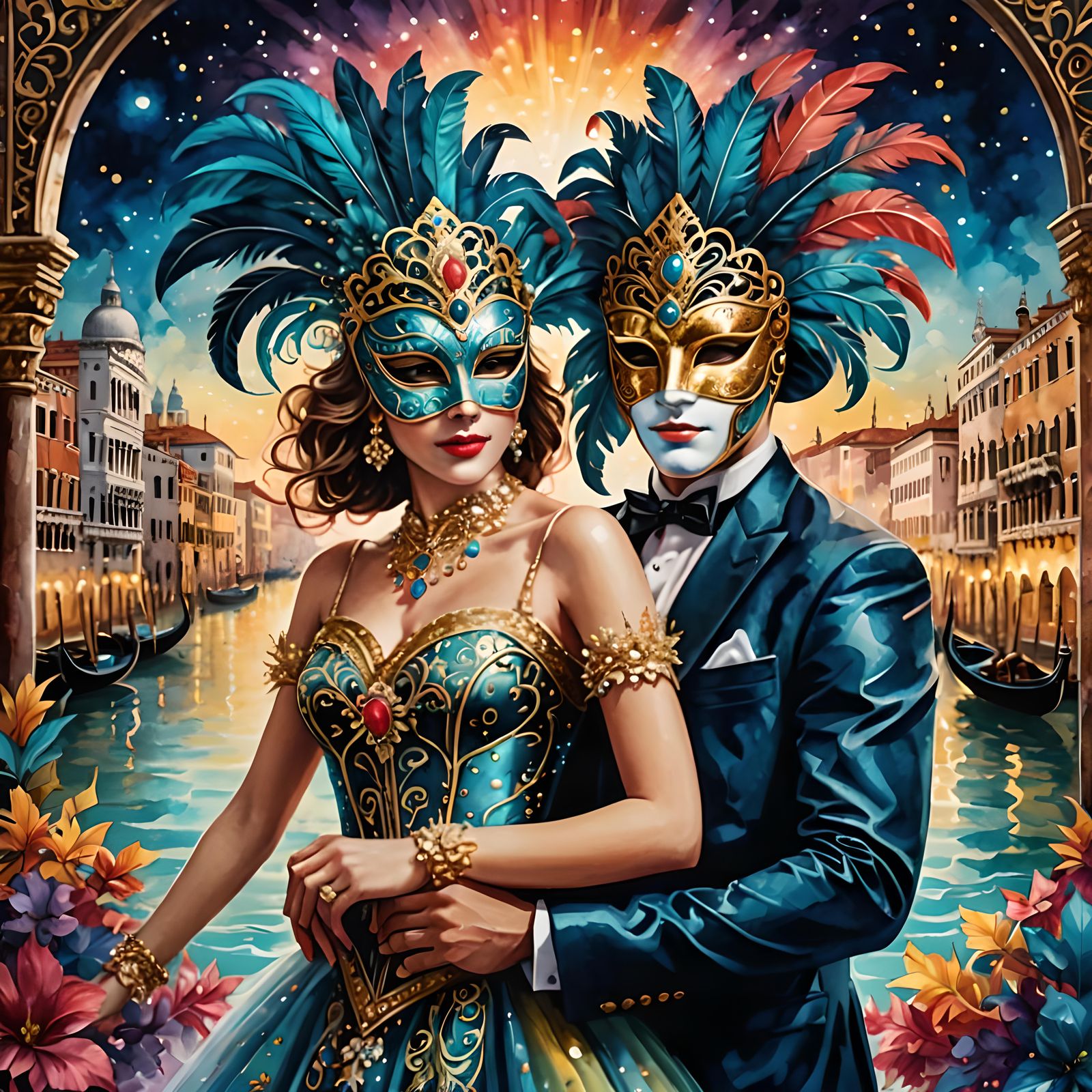 Venice Mask Ball Watercolor Illustration