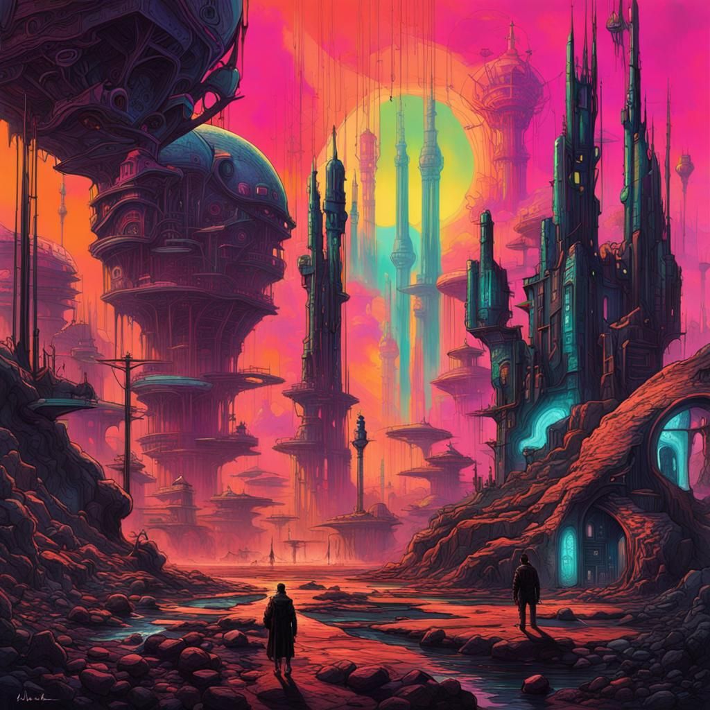 Scientists Explore Alien Planet: Hypermodernist Ink Painting