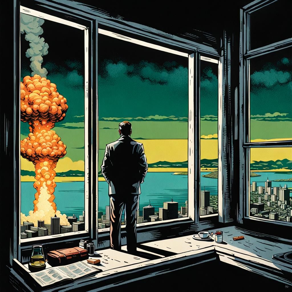 Noir Man Contemplates Nuclear Explosion
