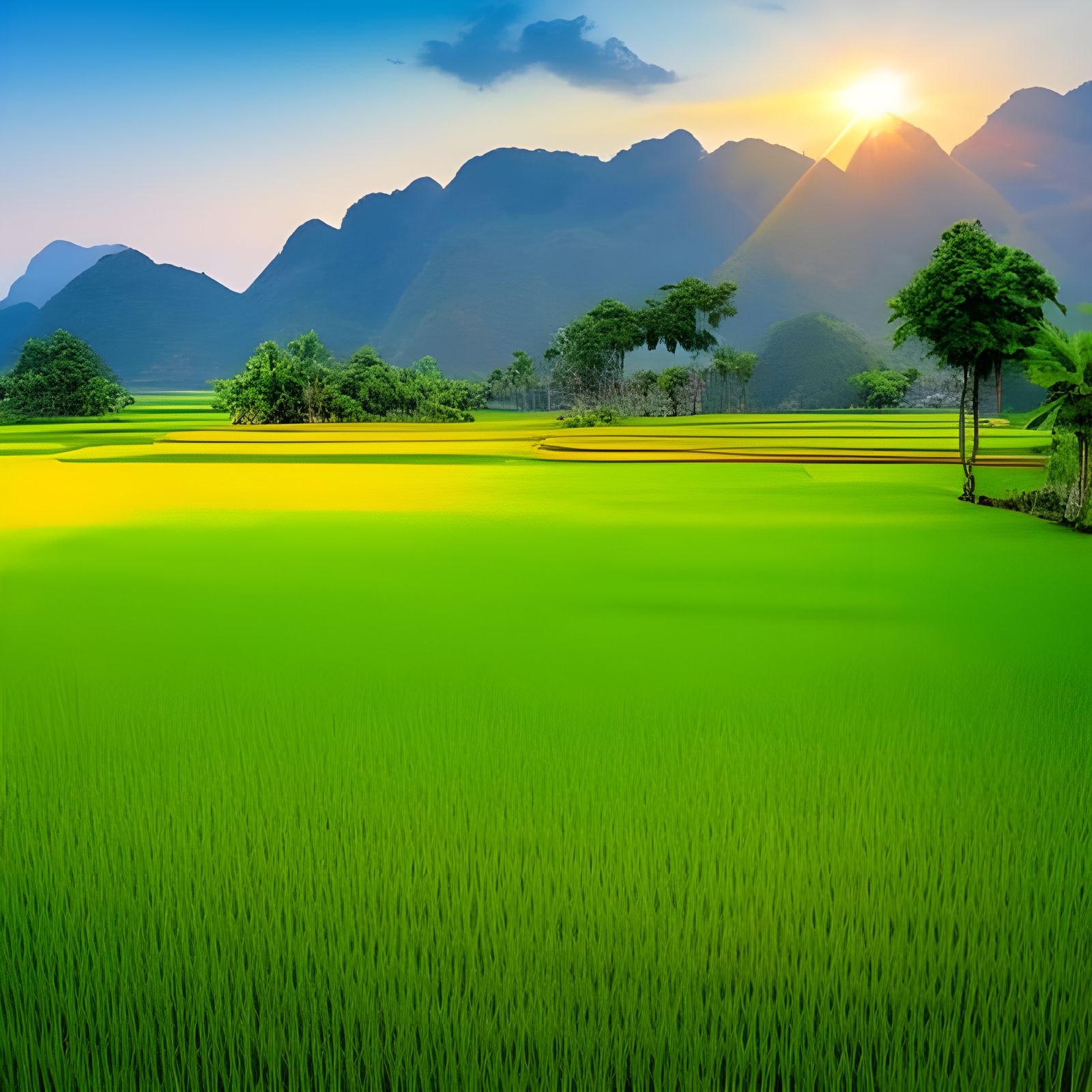 Bright Photorealistic Rice Field Landscape in Vietnam