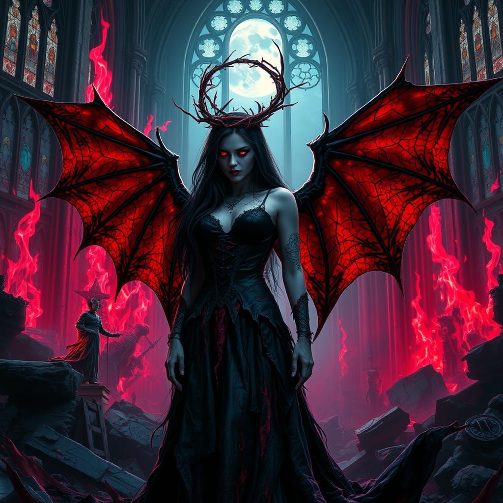Gothic Vampire Queen in Flaming Cathedral Ruins